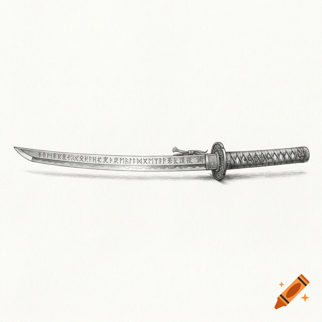 A detailed pencil drawing of a traditional Japanese katana sword featuring inscribed runes on the blade and intricate wrapping on the hilt, resting horizontally on a plain white textured background.