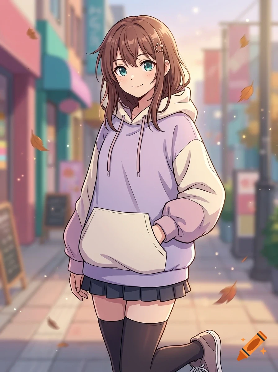 An anime-style illustration of a young woman standing on a city street, wearing a purple and white hoodie, pleated skirt, and thigh-high socks while falling autumn leaves drift around her.