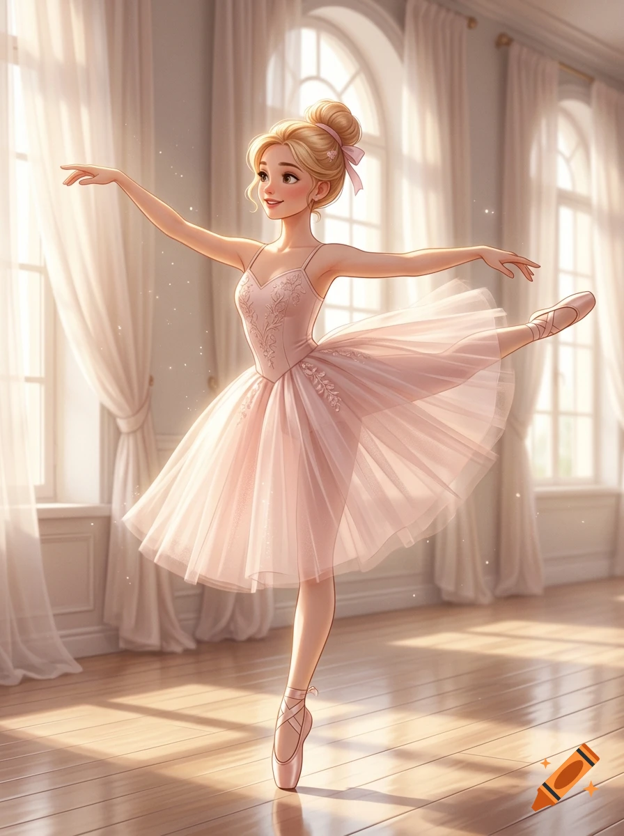 A blonde ballerina in a pink tutu dancing in a bright room with arched windows.