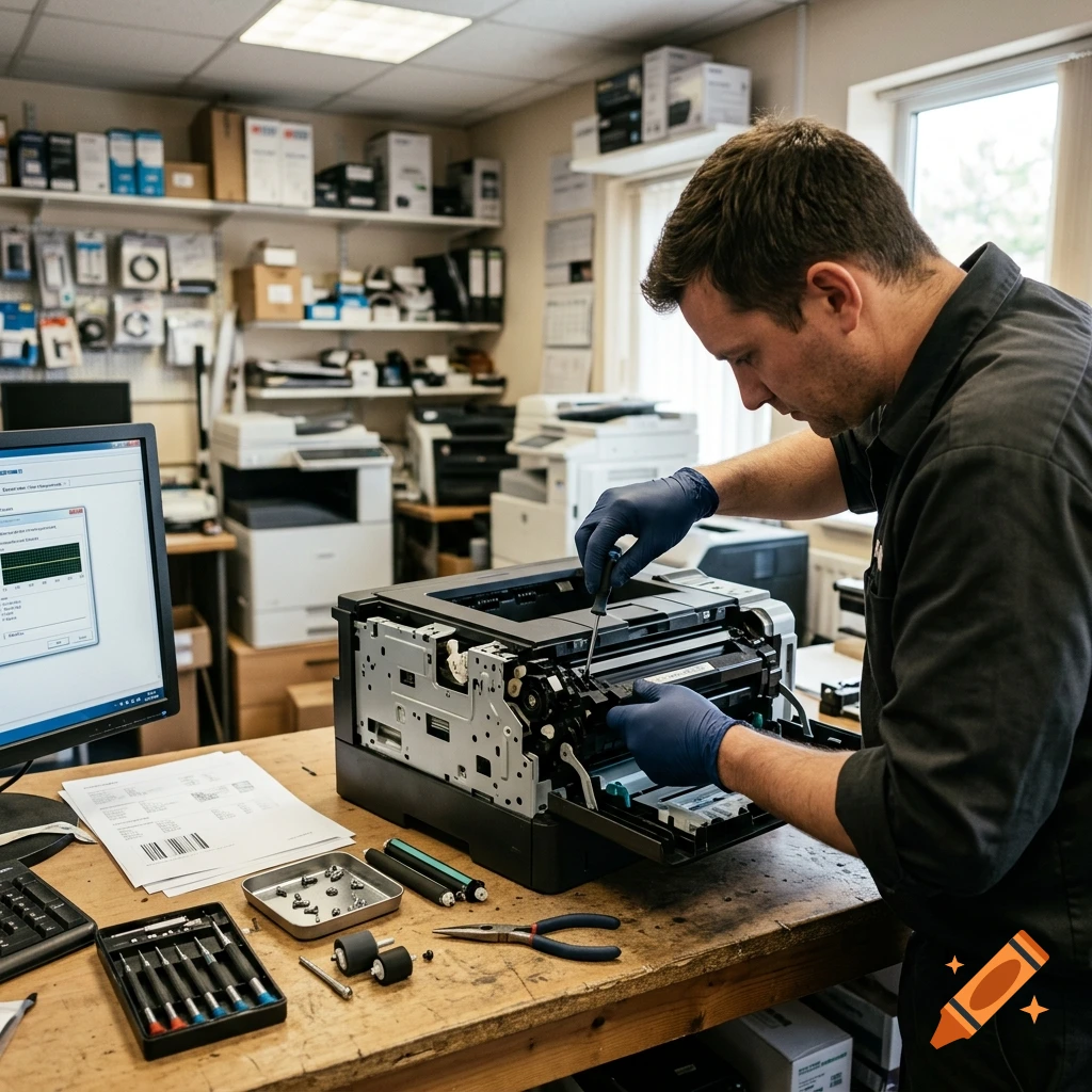 Photorealistic image of a technician wearing blue gloves using a screwdriver to repair the inner mechanisms of a printer in a workshop.