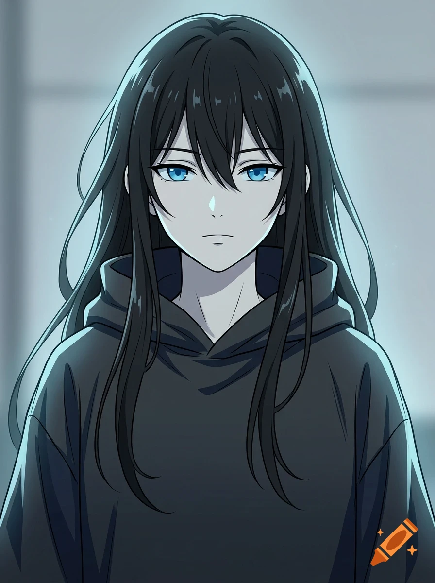 An anime-style portrait of a person with long black hair and striking blue eyes, wearing a dark hooded sweatshirt.