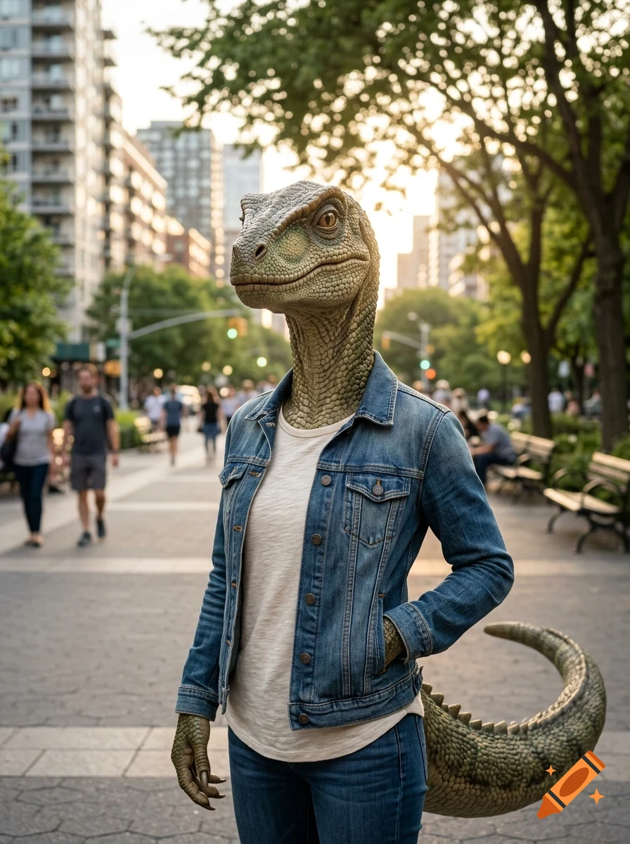 A humanoid figure with a realistic dinosaur head, scaly skin, a long tail, wearing a denim jacket, white shirt, and jeans, stands on a busy city street.