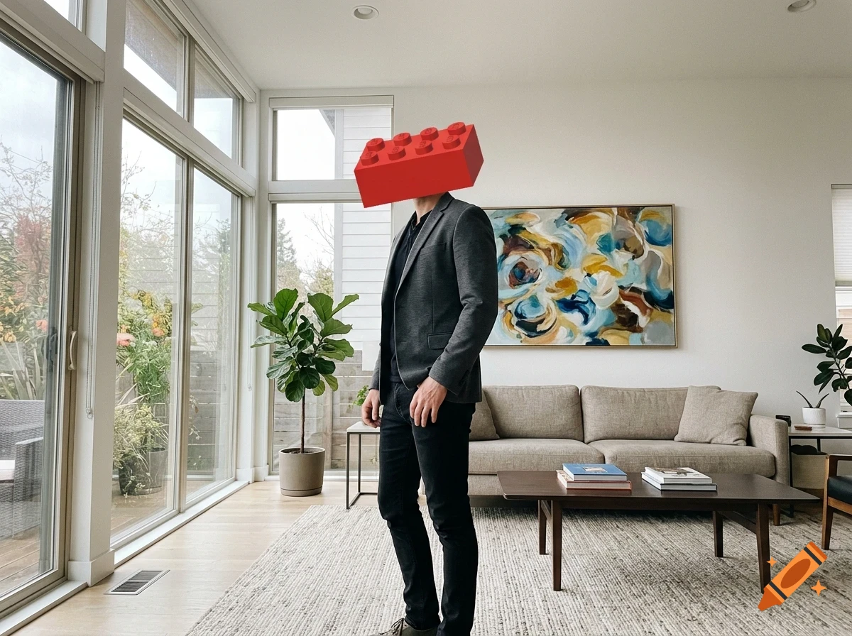 A man wearing a grey blazer, black shirt, and black pants stands in a modern living room with a red toy brick obscuring his head.