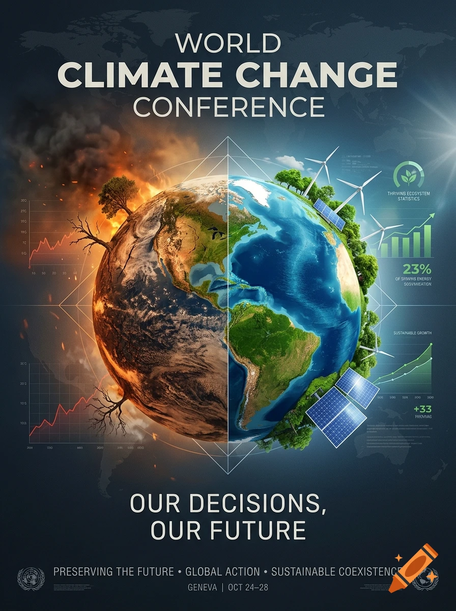 A poster for the World Climate Change Conference featuring a globe split between a fiery burned side and a lush green side with wind turbines and solar panels.