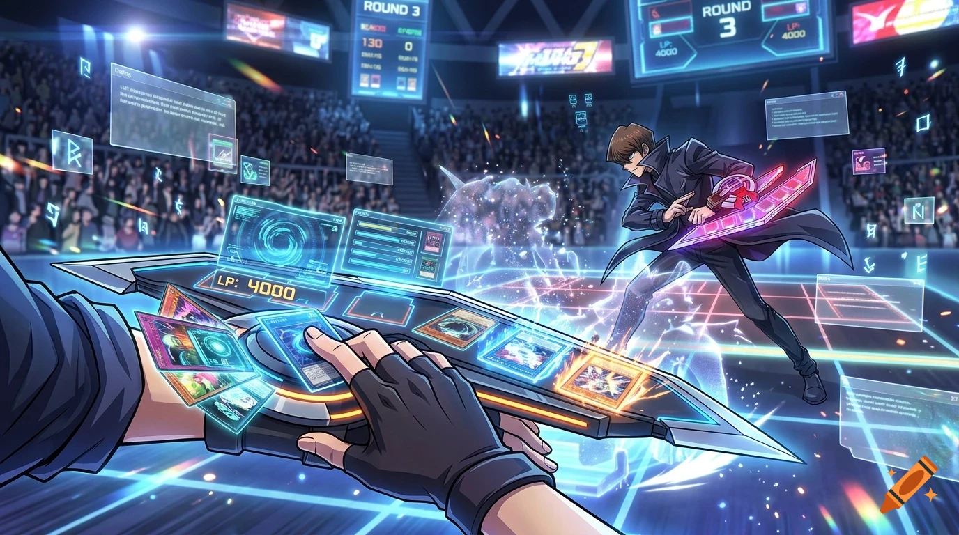 An action-packed futuristic card game tournament with digital interfaces and glowing holograms in a large stadium.