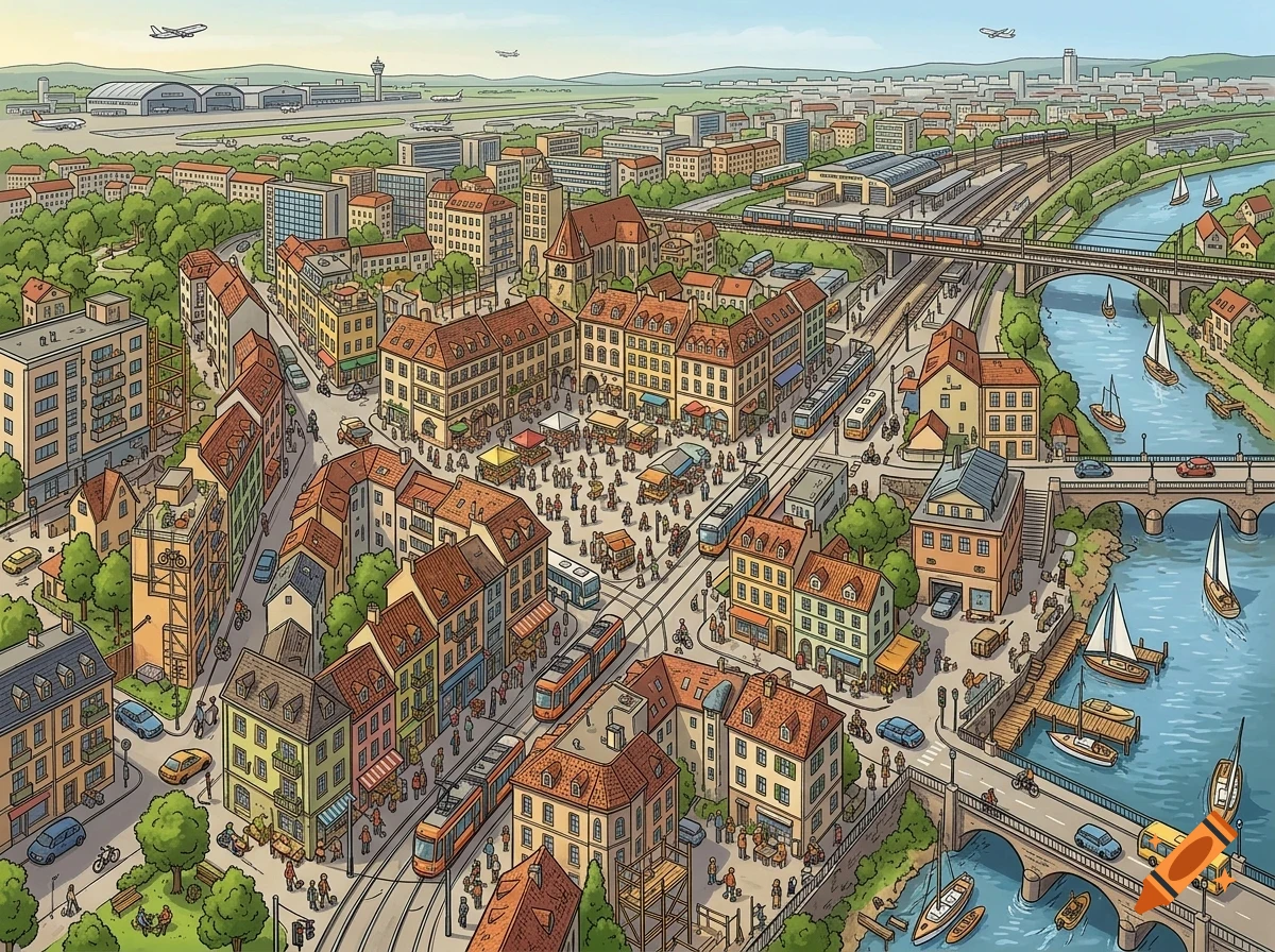 An illustrated aerial view of a bustling European city with a central square, trams, a river with sailboats, and an airport in the distance.