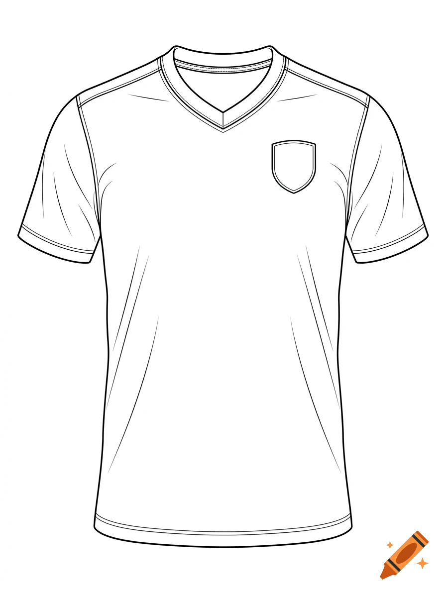 A black and white line drawing of a short-sleeved V-neck t-shirt with a blank crest on the left chest.