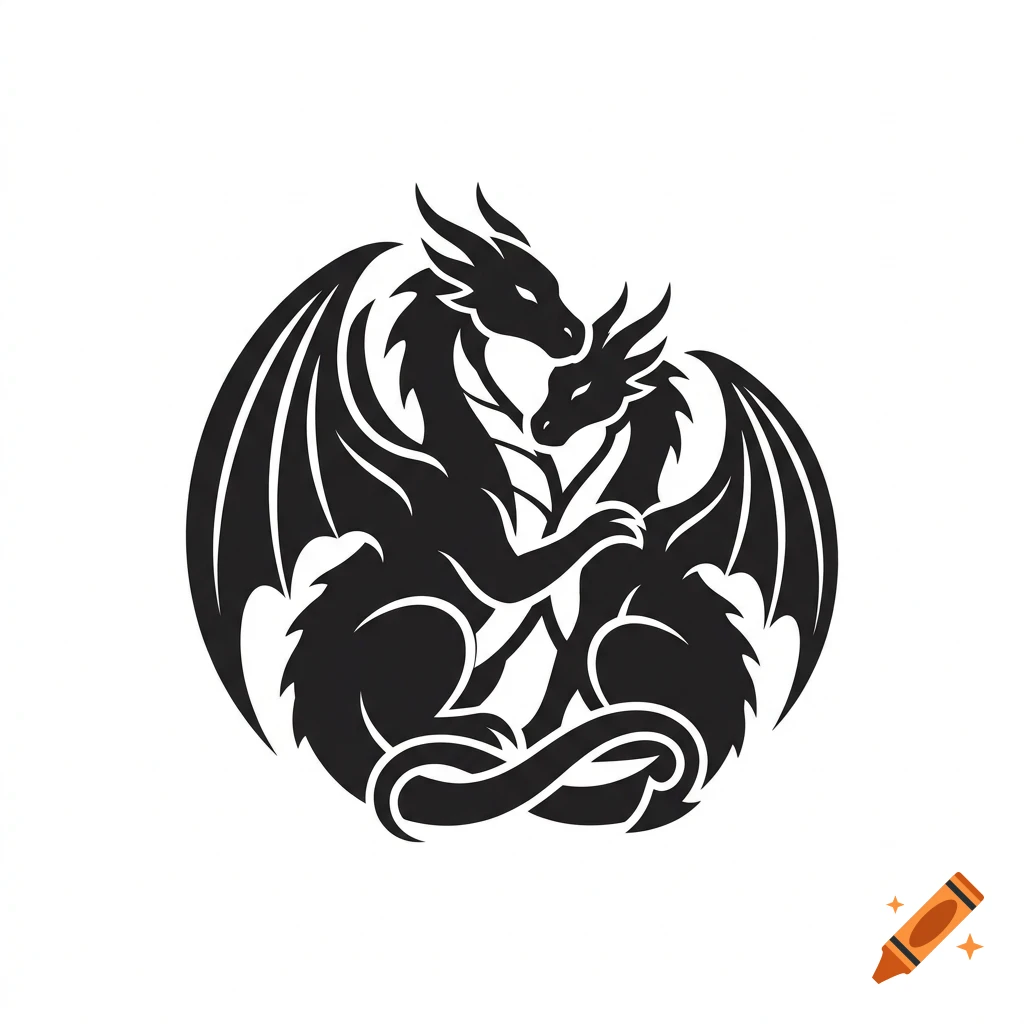 A black and white vector illustration of two intertwined dragons forming a circular shape.
