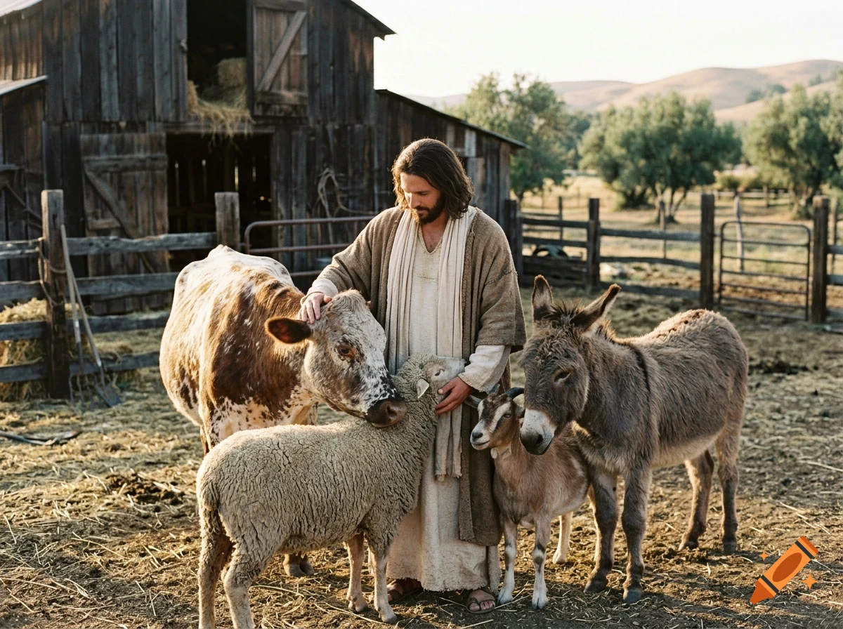 A man in historical robes standing among farm animals including a cow, sheep, goat, and donkey outside a rustic wooden barn.
