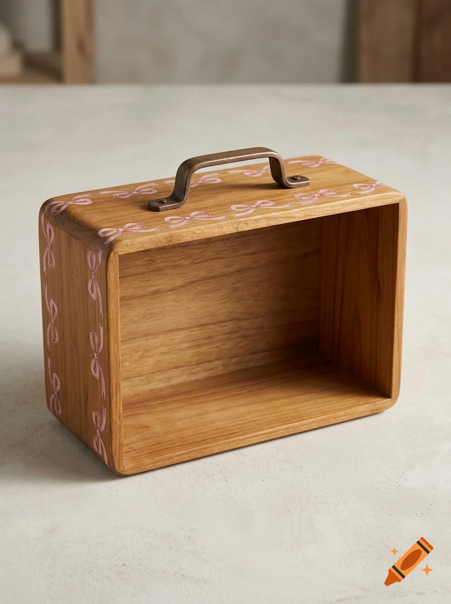 Photorealistic wooden storage box with a bronze metal handle and painted pink bow decorations along the edges.