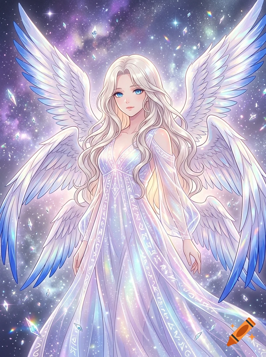 An anime-style angel with flowing white hair, large wings, and a glowing gown against a cosmic starry background.