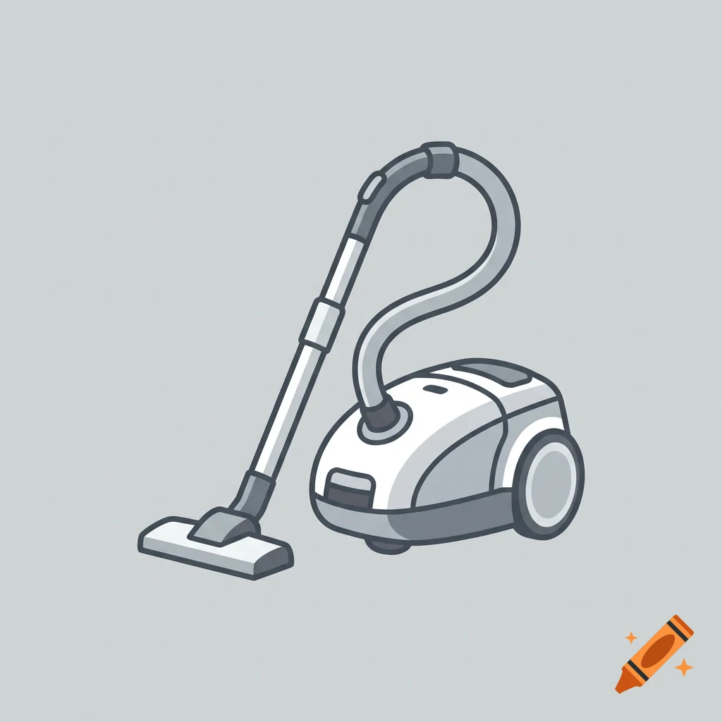 A vector illustration of a modern white and grey vacuum cleaner with a hose and floor nozzle.