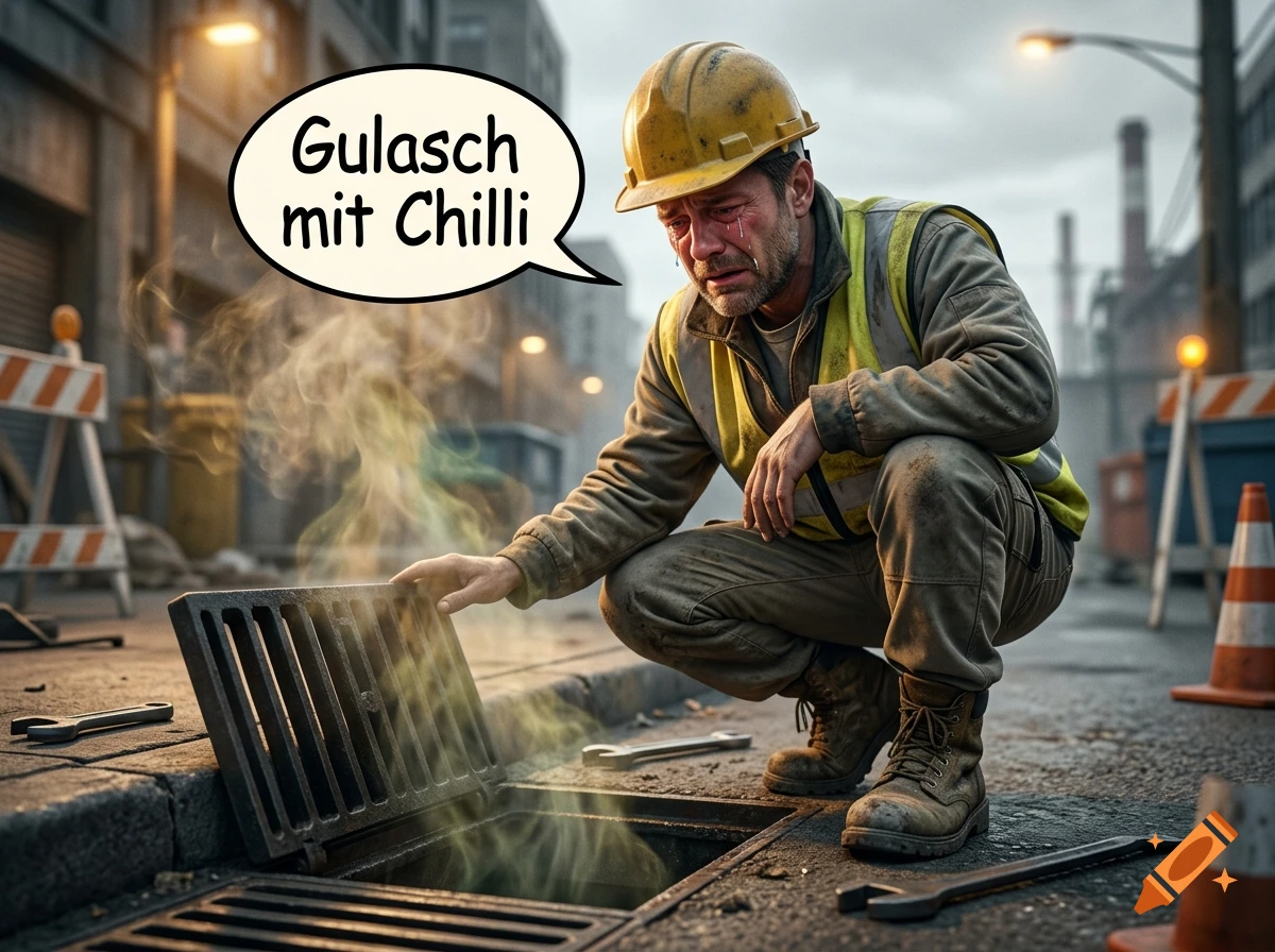 Photorealistic image of a crying construction worker squatting by an open manhole in a city street, with a speech bubble saying 'Gulasch mit Chilli'.