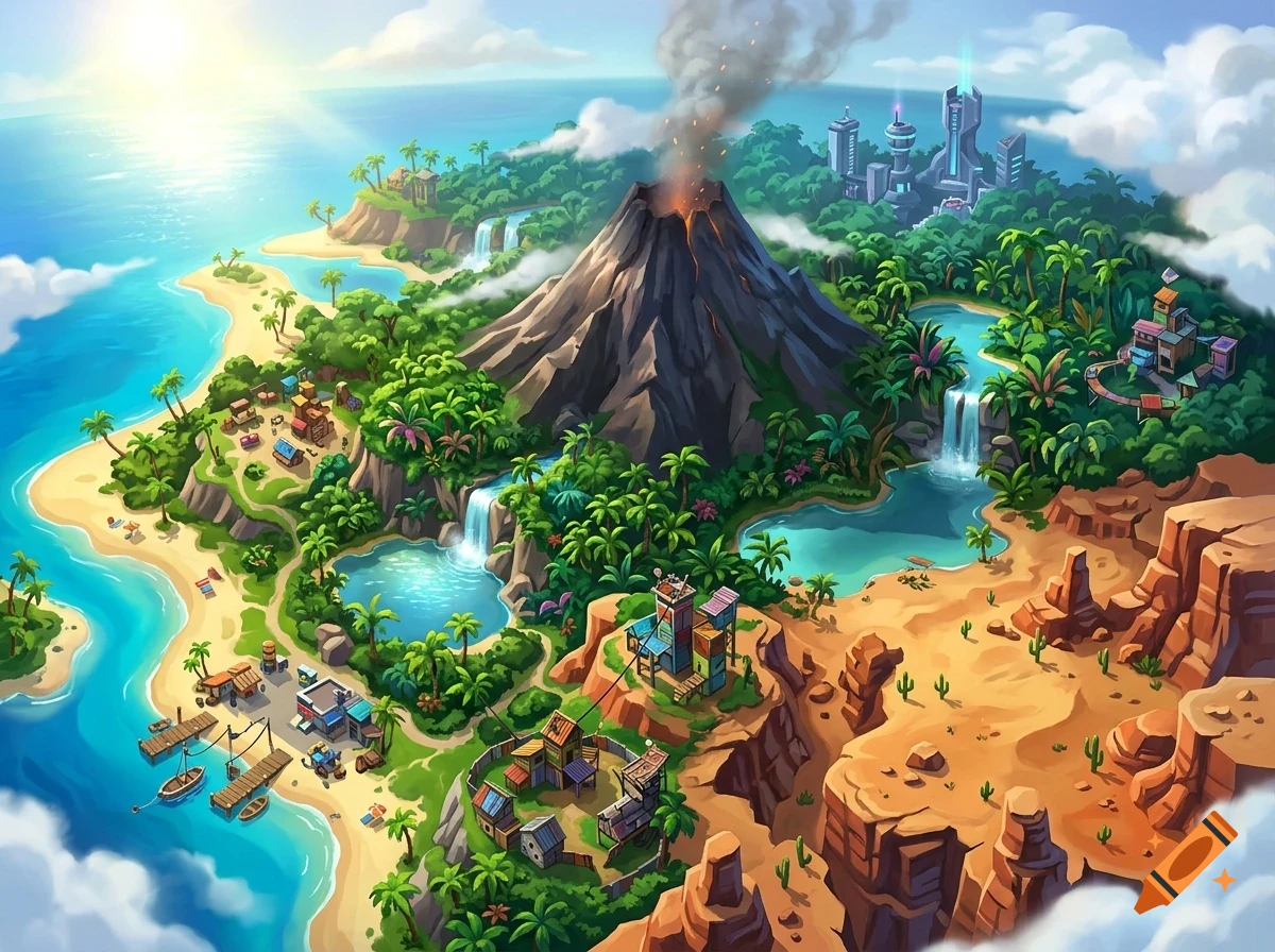 An overhead illustrative view of a tropical island featuring a smoking volcano, lush forests, sandy beaches, waterfalls, lagoons, and a futuristic city in the distance.