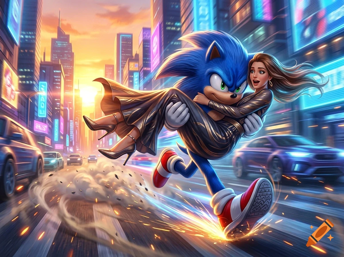 Sonic the Hedgehog carries a woman in a golden dress while running down a bustling city street at sunset.