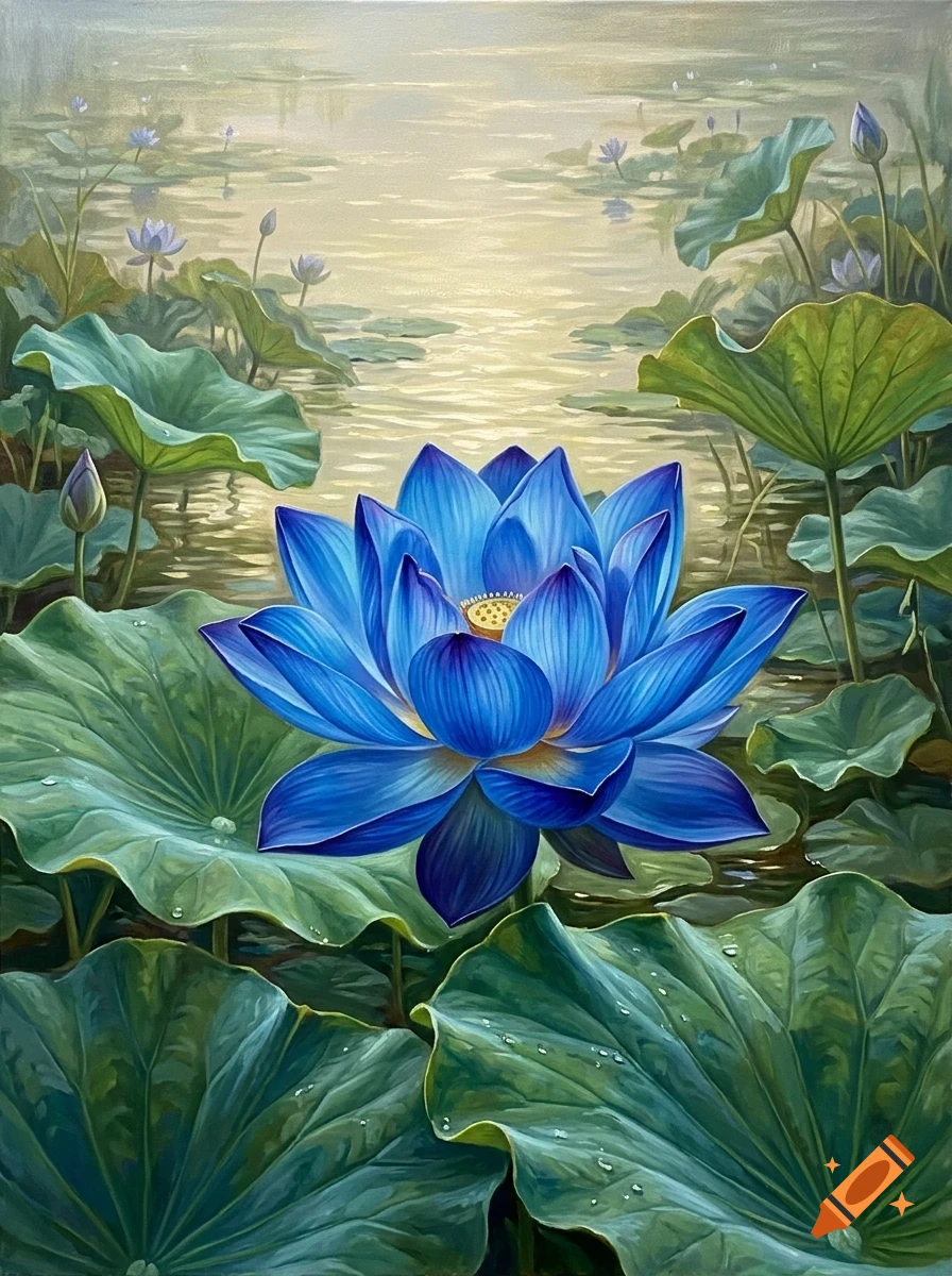 An oil painting of a vibrant blue lotus flower blooming in the center among large green lily pads in a misty pond.