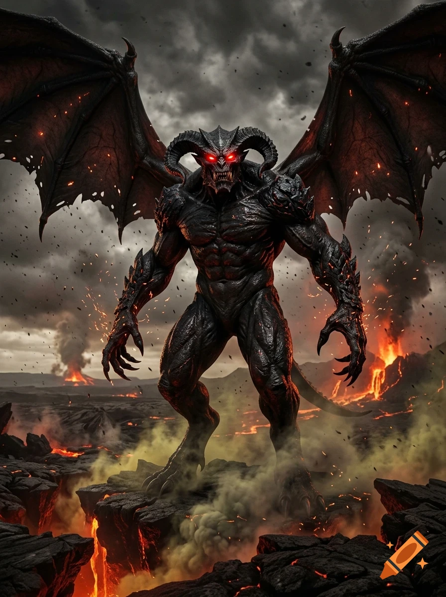 A menacing winged demon-like creature with glowing red eyes, sharp horns, and dark rocky skin standing amid volcanic eruptions and smoke.