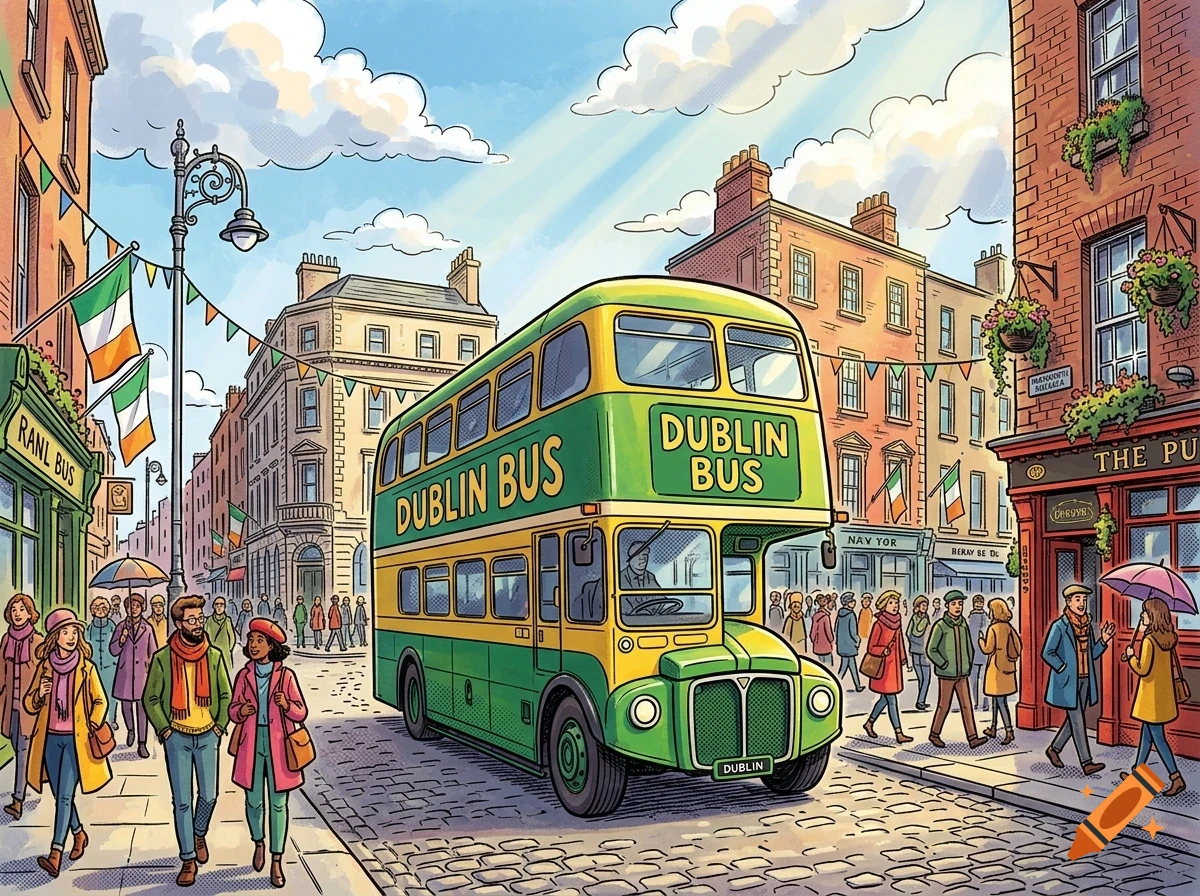 An illustrated street scene featuring a green and yellow Dublin Bus driving down a cobblestone street lined with people and historic buildings under a partly cloudy sky.