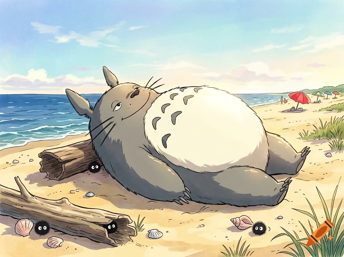 A large, gray furry creature with a white belly relaxing on a sandy beach next to the ocean, with small soot sprites hiding near driftwood.
