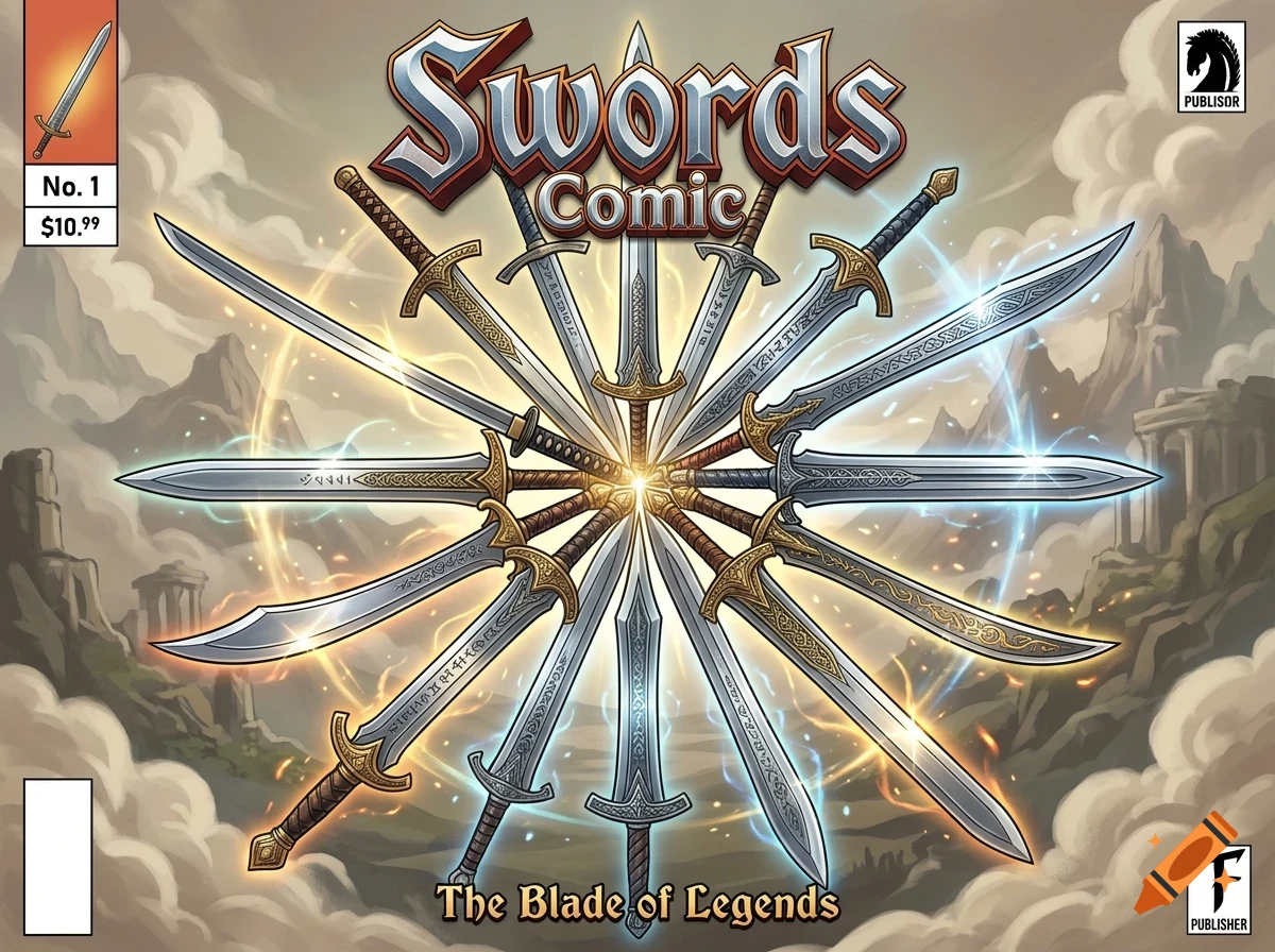 A comic book cover titled Swords Comic: The Blade of Legends, featuring a circular arrangement of various swords against a fantasy landscape background with glowing magic effects.