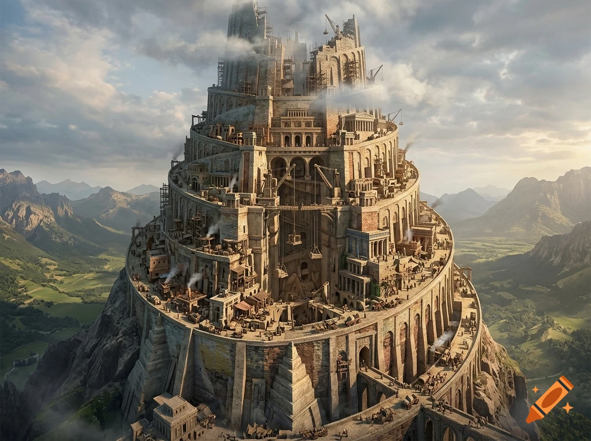 An aerial view of a massive, spiraling ancient stone tower under construction, reaching into the clouds amid a mountainous landscape.