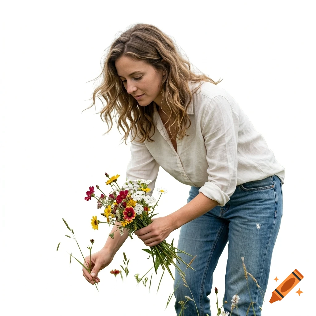 A woman with long wavy hair, wearing a white shirt and jeans, gathers a bouquet of colorful wildflowers against a plain white background.