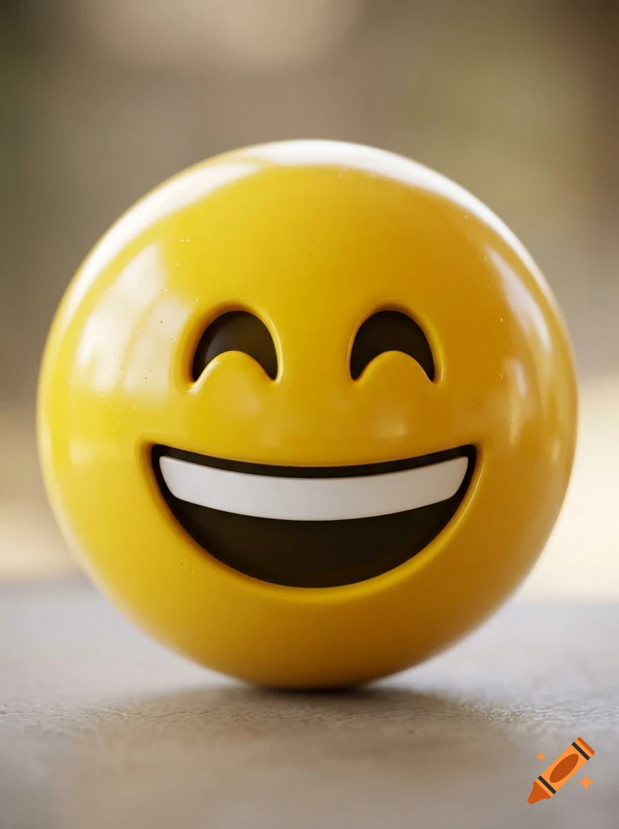 A glossy yellow spherical toy with a smiling face expression, featuring curved eyes and a wide white-toothed smile, sitting on a flat surface.
