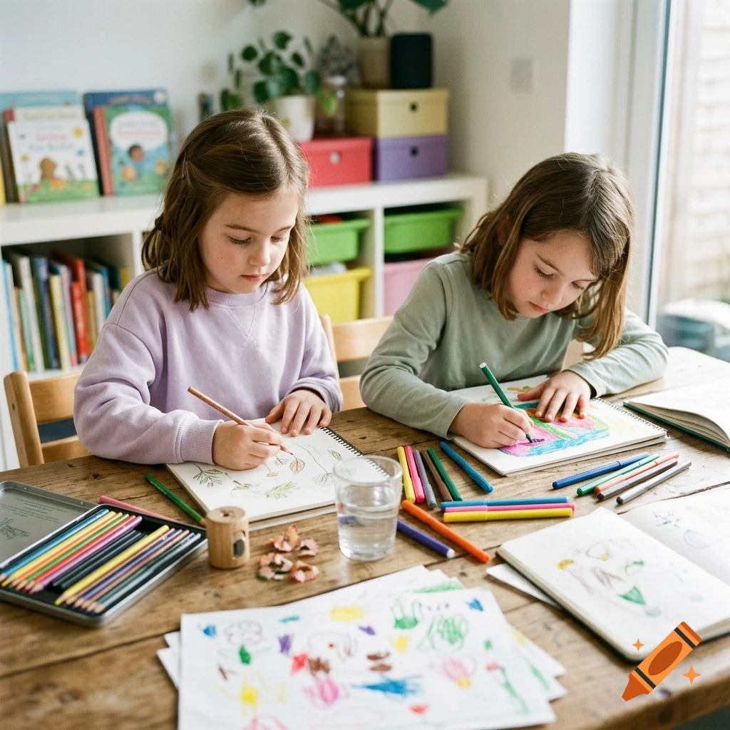 Twin girls drawing with colored pencils at a wooden table in a brightly lit room.