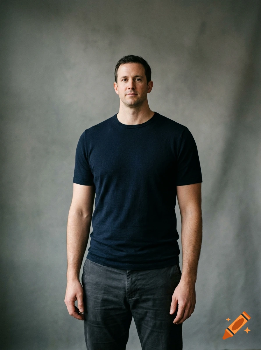 Full-body studio portrait of a man standing against a grey backdrop, wearing a dark t-shirt and grey trousers.
