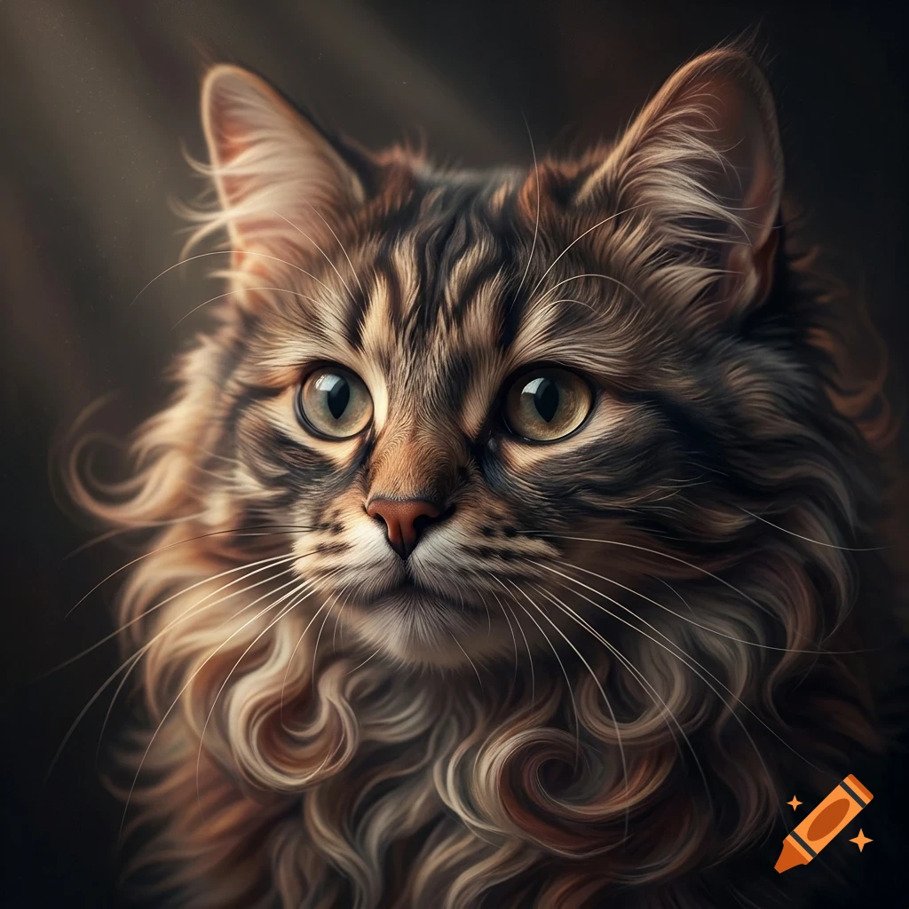 Close-up portrait of a fluffy domestic cat with brown and white tabby fur and large greenish eyes against a dark background.