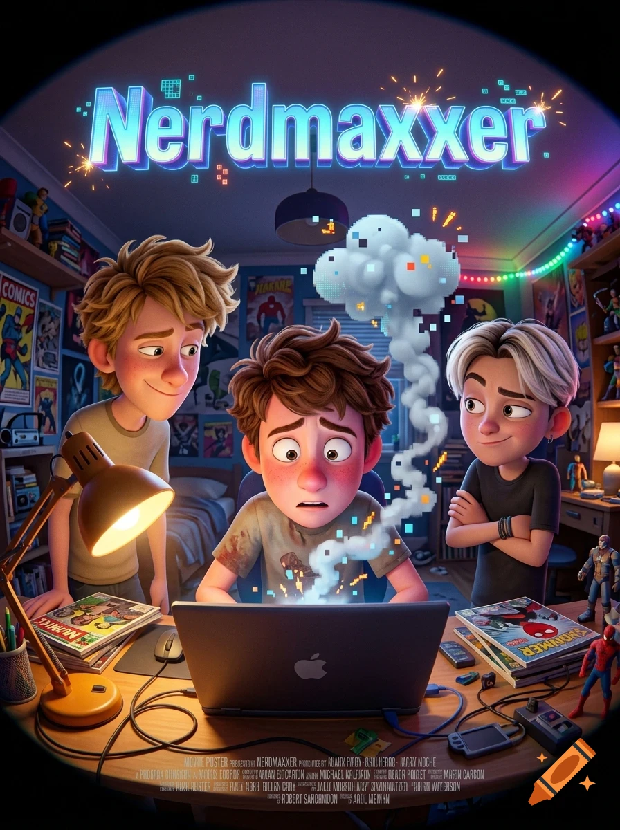 A 3D cartoon poster titled Nerdmaxxer showing three boys in a bedroom reacting to smoke and pixelated effects rising from a laptop.