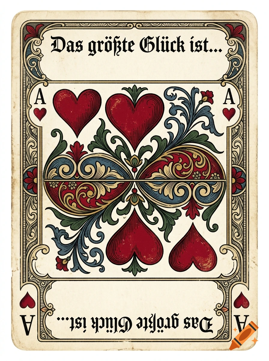 Vintage German playing card depicting the Ace of Hearts with ornate floral borders and German text.