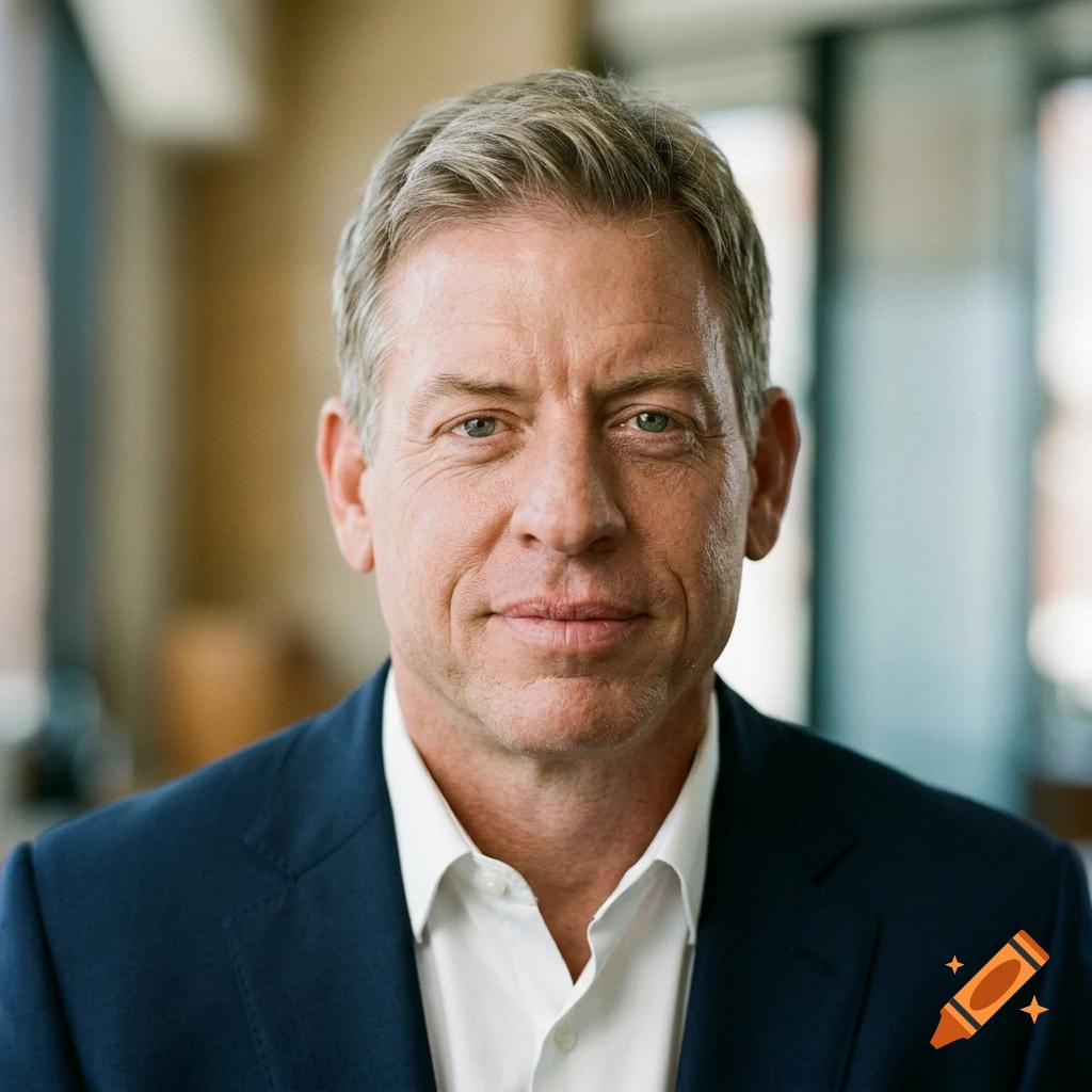 Photorealistic portrait of a middle-aged man with short grey hair, wearing a navy blue blazer and white shirt.