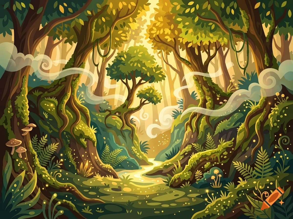An enchanted, lush forest with glowing green moss, winding tree roots, ferns, small mushrooms, and streams of light filtering through the canopy.
