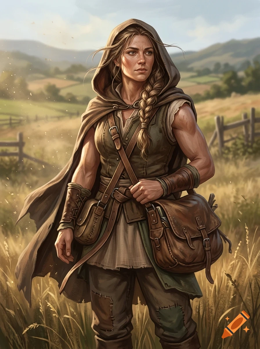 A detailed illustration of a female traveler with a braided hairstyle and a hooded cloak, carrying a leather satchel in a rural landscape.