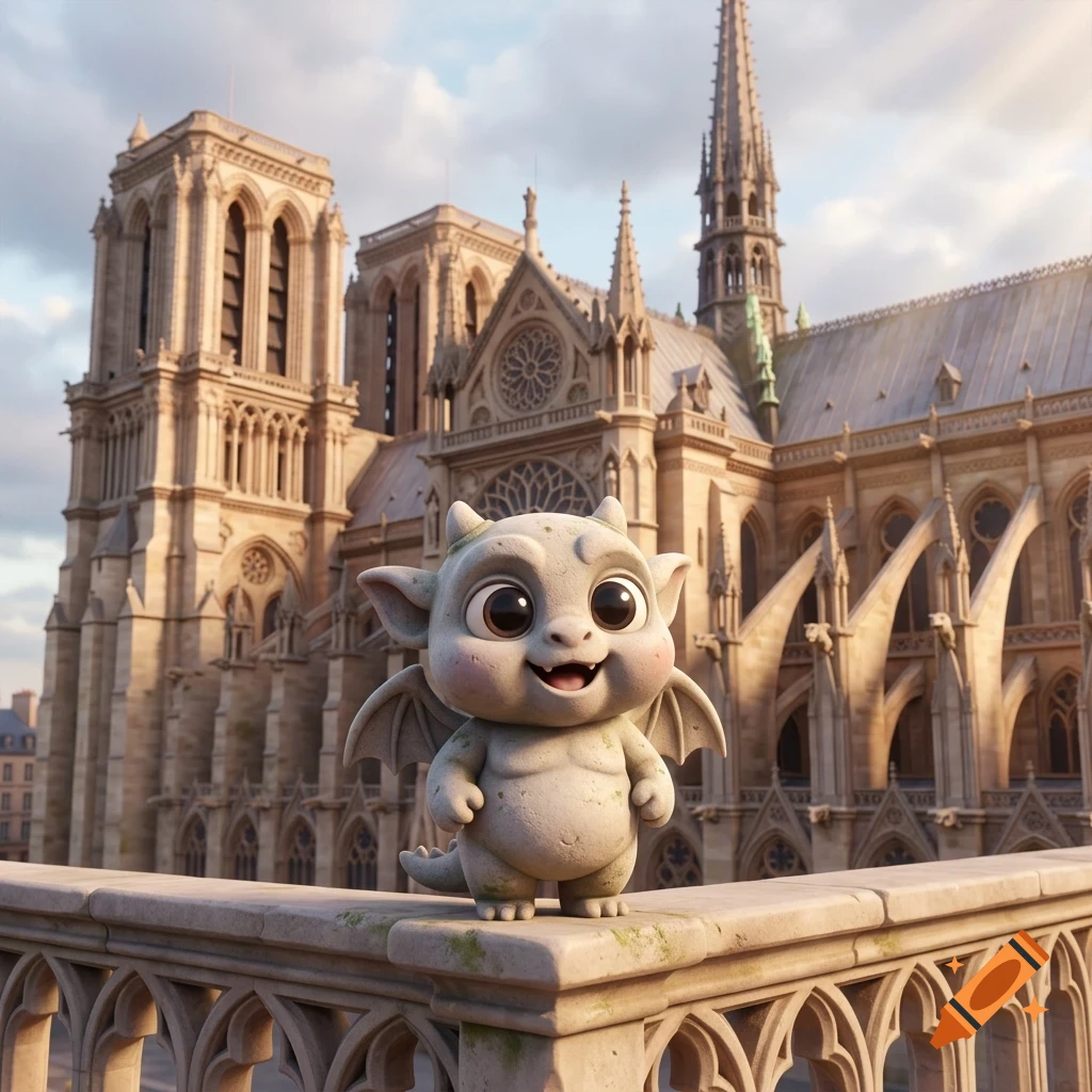 A cute, smiling stone gargoyle character stands on a ledge in front of a Gothic cathedral.