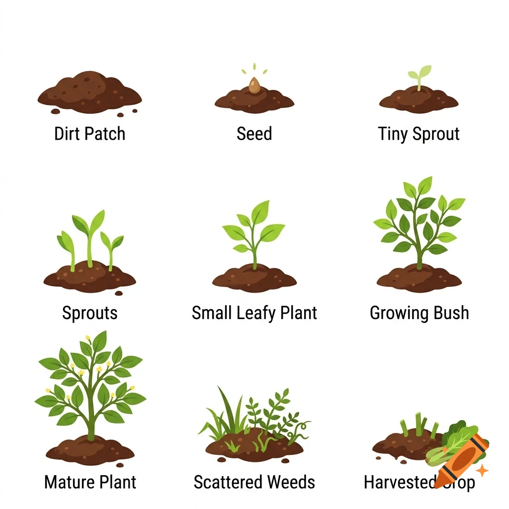 An educational diagram showing the stages of plant growth from a dirt patch and seed to a mature plant and harvested crop, with text labels.