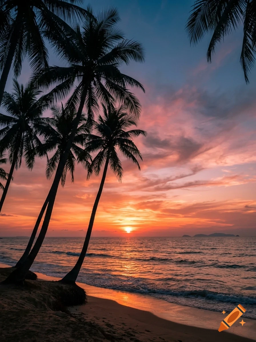 Silhouette of palm trees along a tropical sandy beach at sunset, with pink and orange clouds reflecting on the calm ocean water.