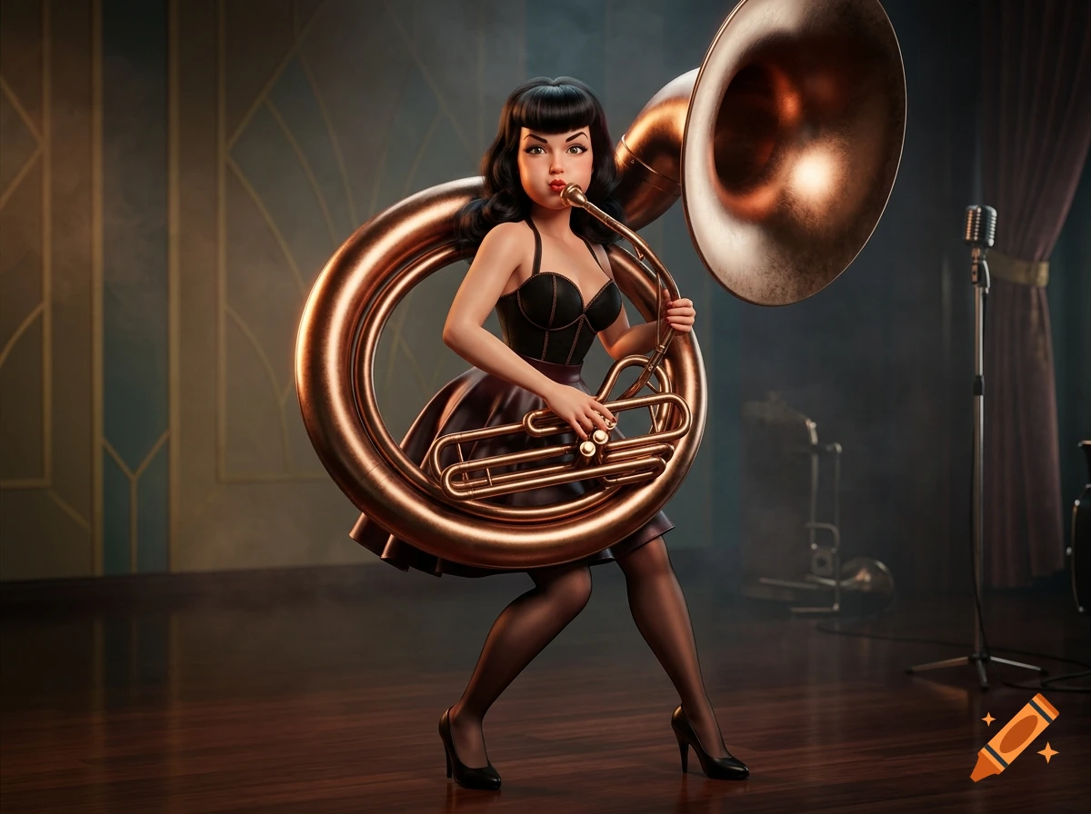 3D render of a 50s pin-up woman with black hair blowing cheeks while holding a bronze sousaphone in a jazz club.
