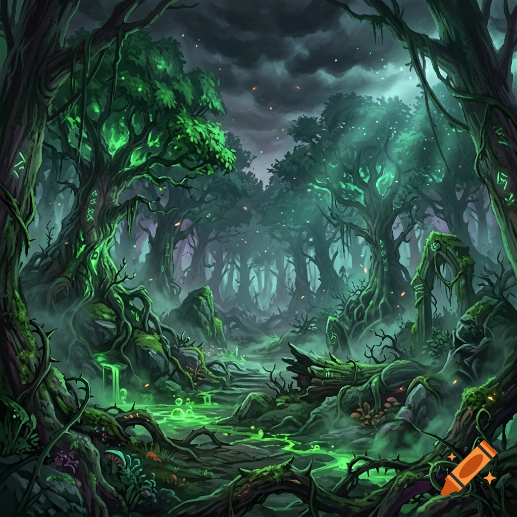 Digital painting of a dark, mystical fantasy forest with glowing green pools, twisted trees, and magical runes.