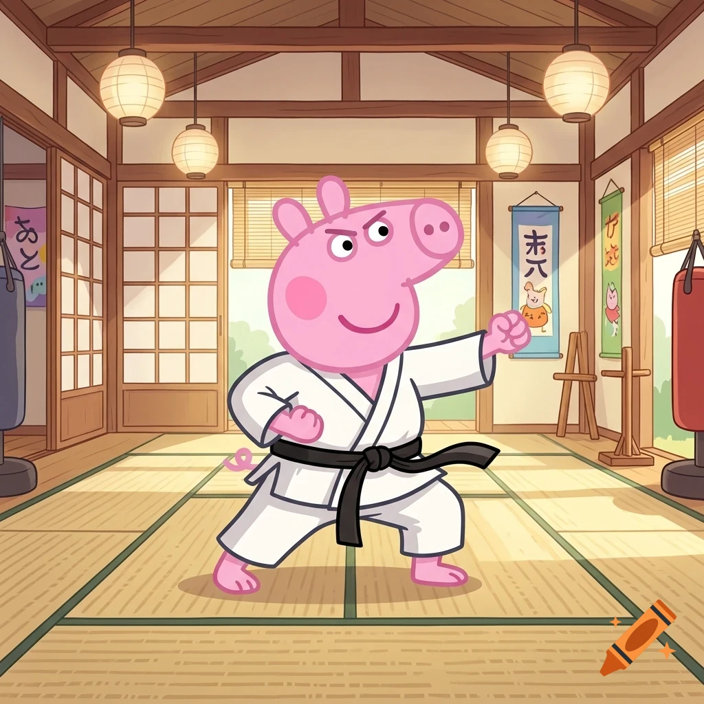 A cartoon pink pig character wearing a white karate uniform with a black belt, practicing martial arts inside a traditional dojo.