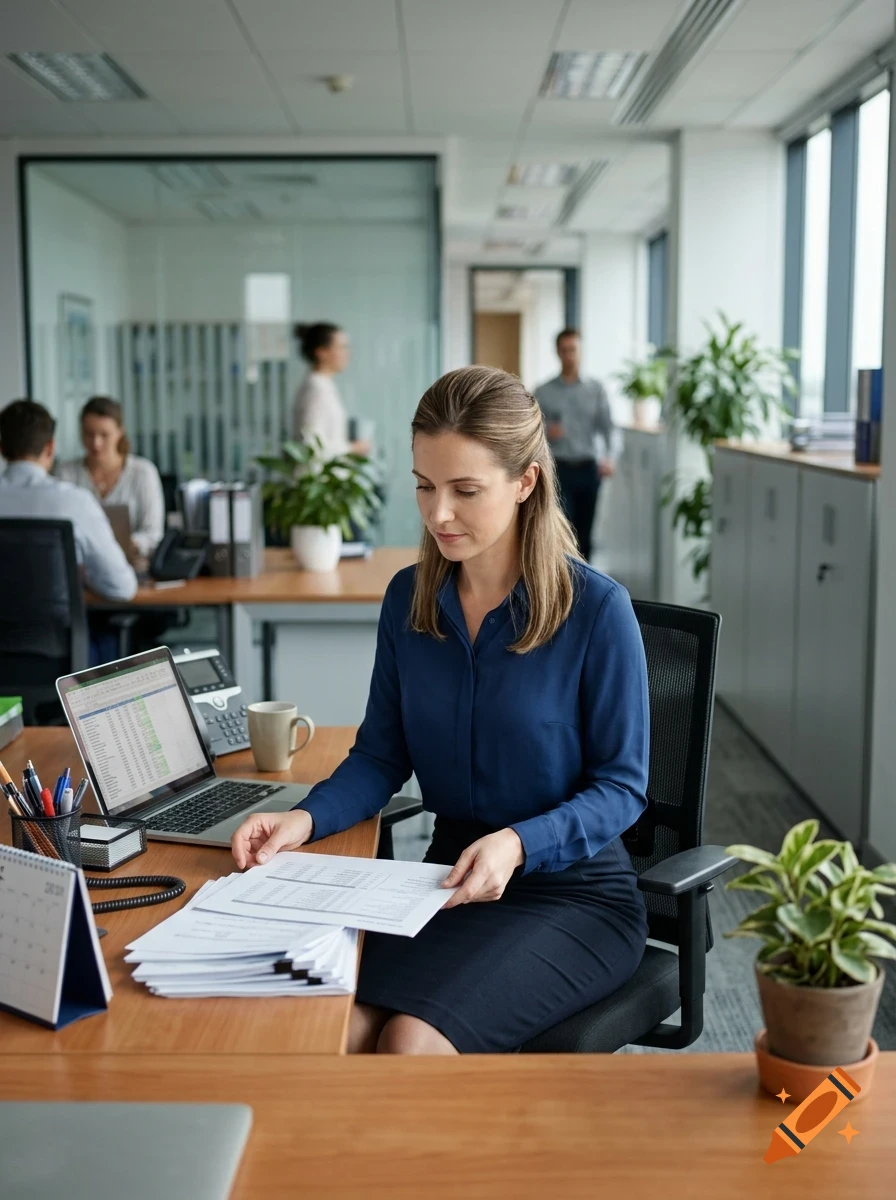 A woman in a blue blouse sitting at an office desk, reviewing documents with a laptop and other office workers in the background.