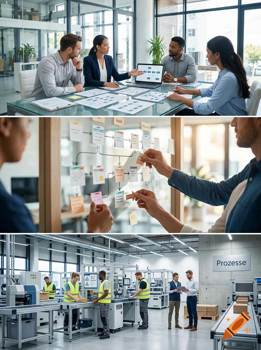 Three panels showing professional work environments including a meeting, a process board, and a modern factory floor.