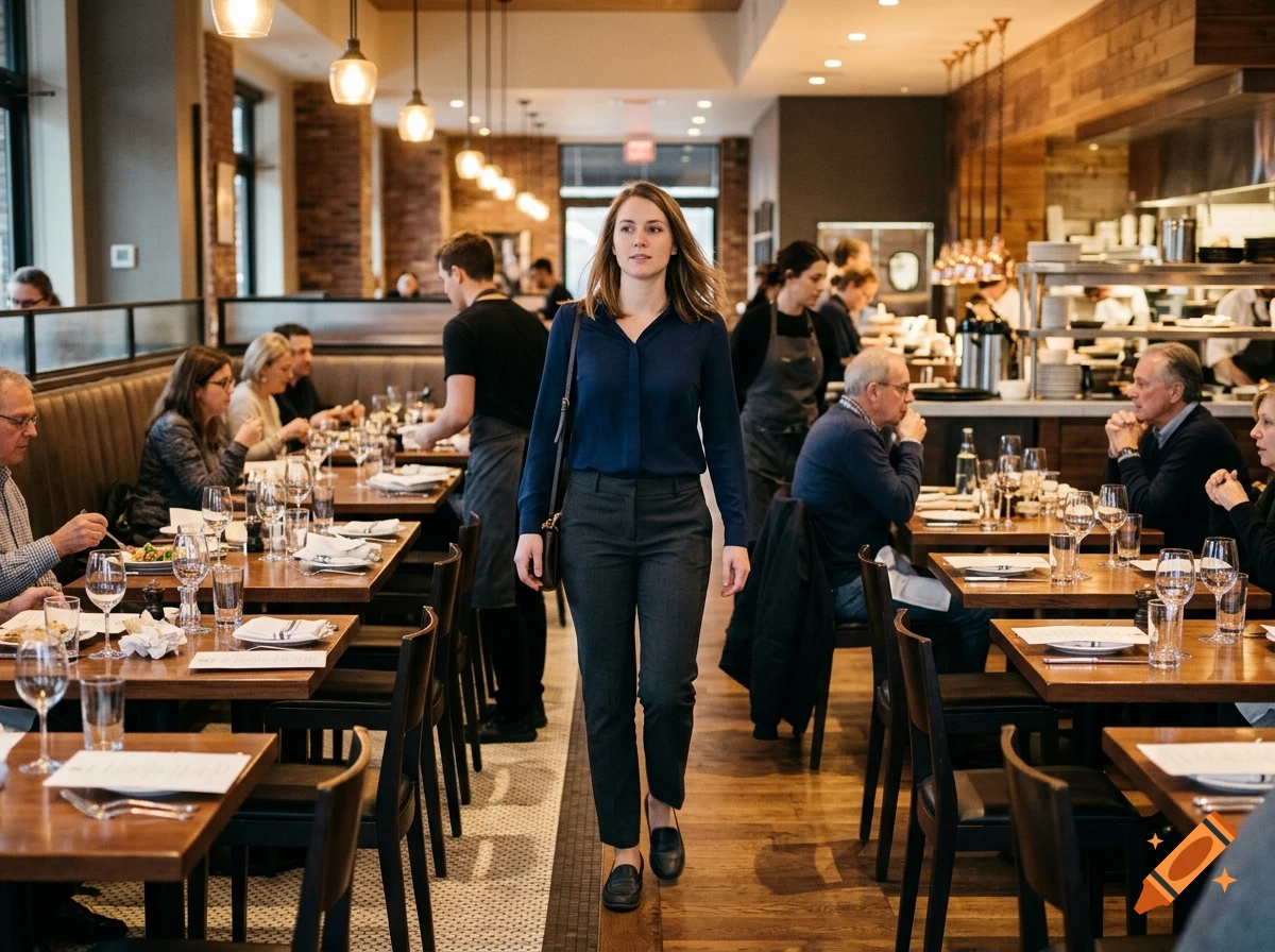 Photorealistic image of a young woman walking through a busy restaurant.