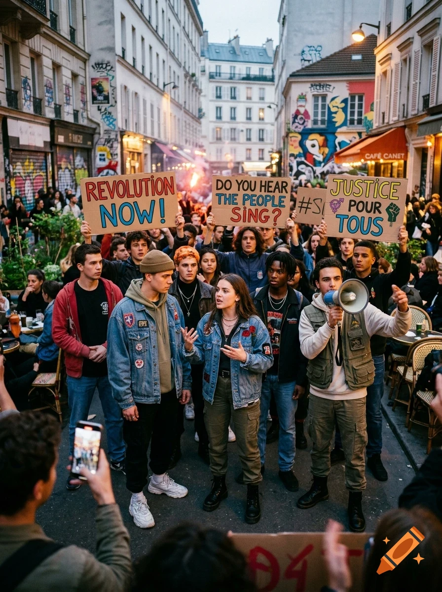 A crowd of young people protesting in a city street, holding signs and a megaphone.