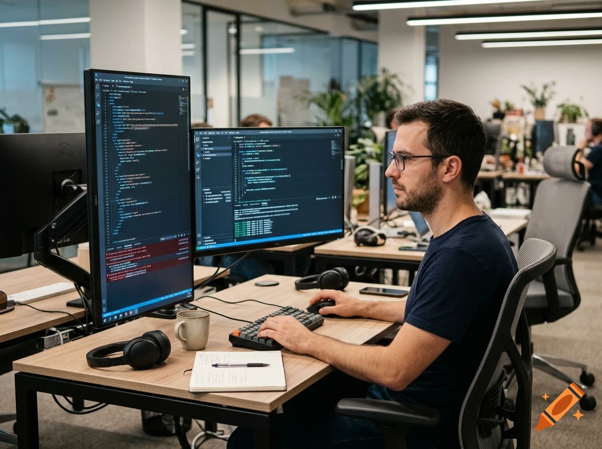 A man wearing glasses working at a desk with two computer monitors displaying source code in an open office.