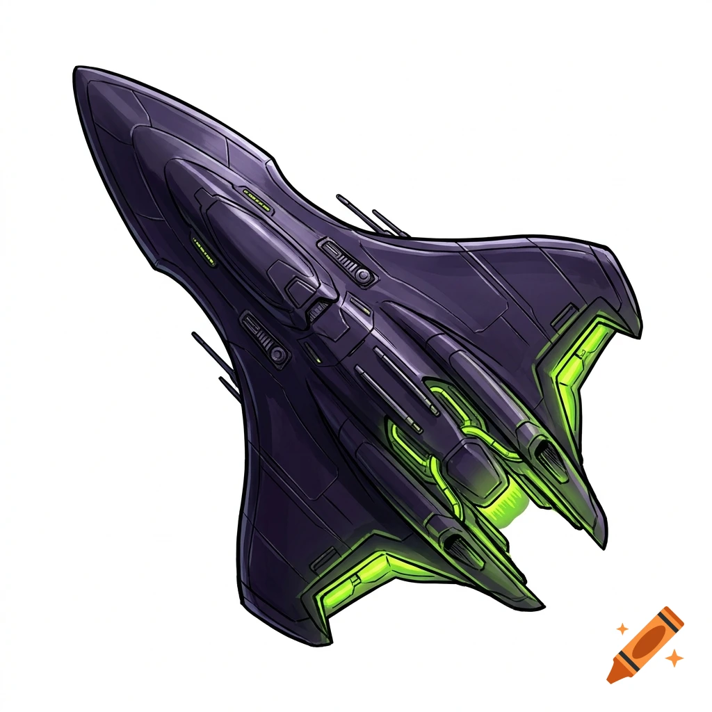 Comic-style illustration of a sleek, purple sci-fi scout spaceship with glowing green engine vents on a white background.