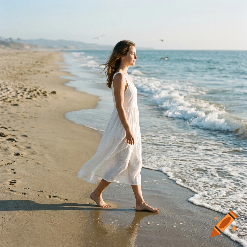 A woman in a white dress walking barefoot along a sandy beach with ocean waves, photorealistic.