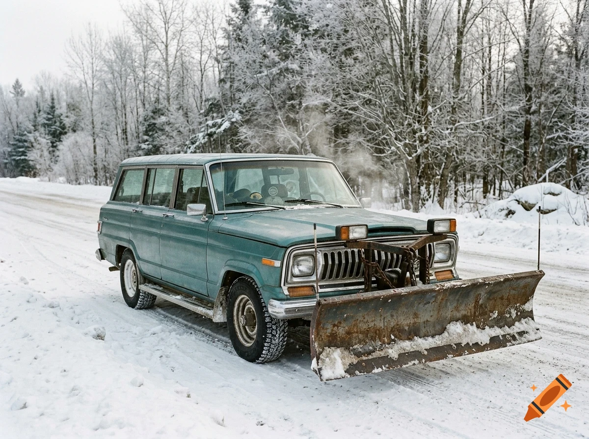 An old teal station wagon fitted with a front snow plow parked on a snowy road bordered by a snowy forest.