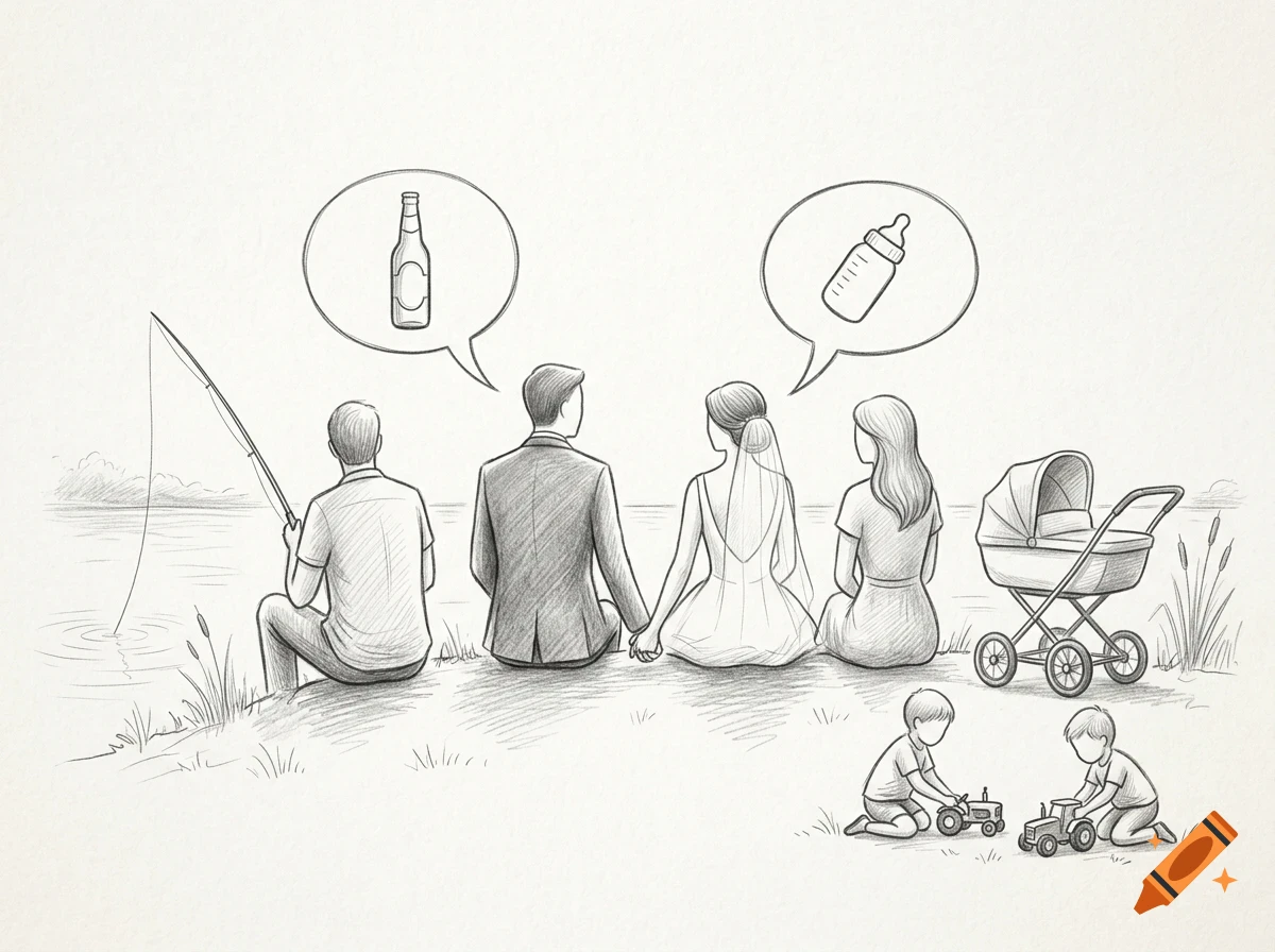 A pencil sketch shows a row of four adults sitting outdoors by a body of water, with speech bubbles containing a bottle and a baby bottle above them, a baby carriage nearby, two children playing with toy tractors, and one person fishing.